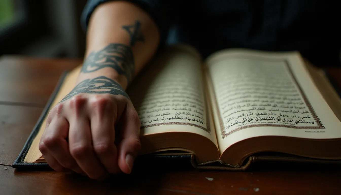Avant-bras tatoué d'une calligraphie arabe posé près d'un livre religieux, illustrant la tension entre tatouage interdit en islam et expression identitaire