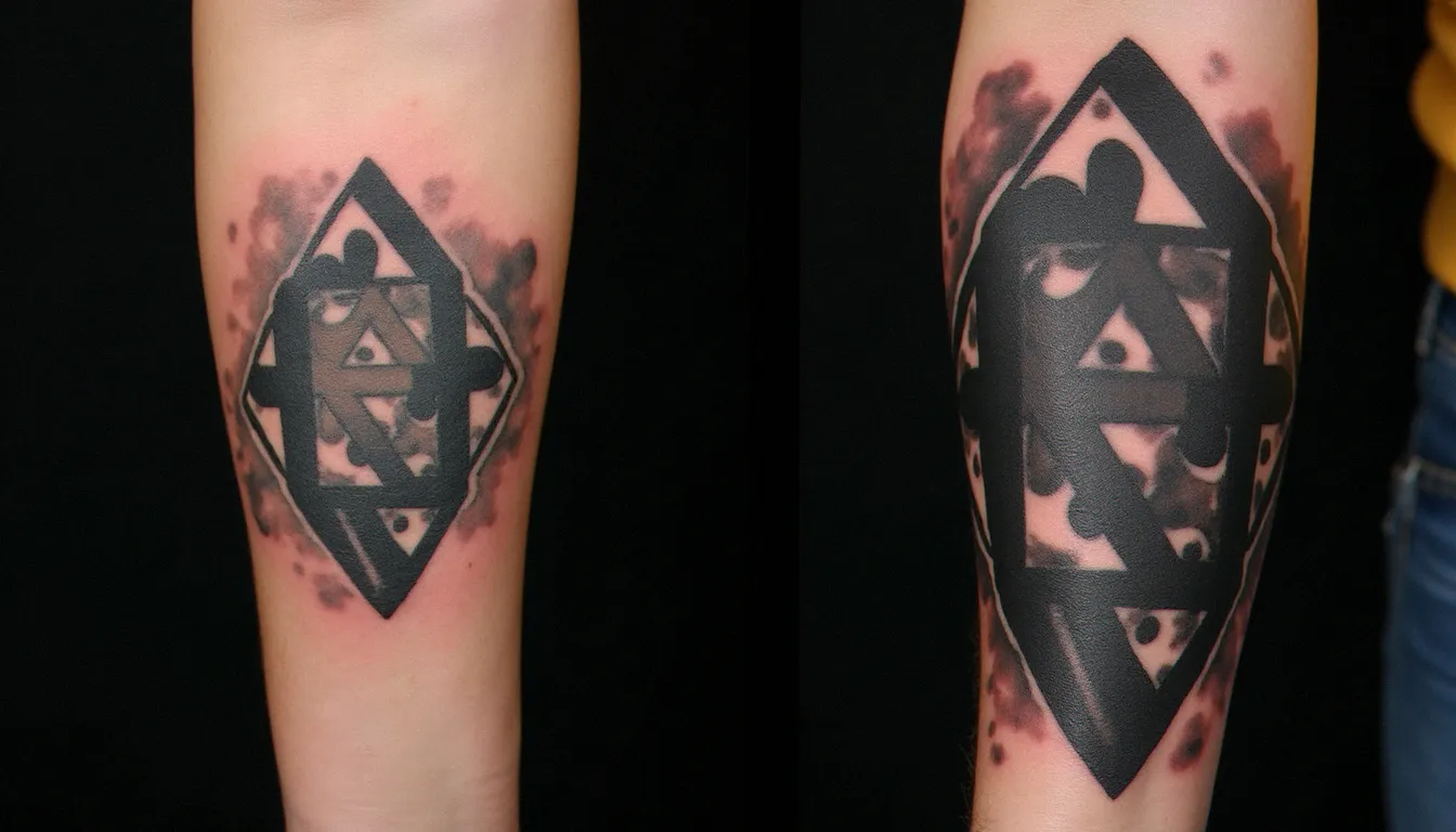 Comparaison avant-après d'un tatouage tout noir utilisé pour couvrir un ancien tatouage coloré sur avant-bras