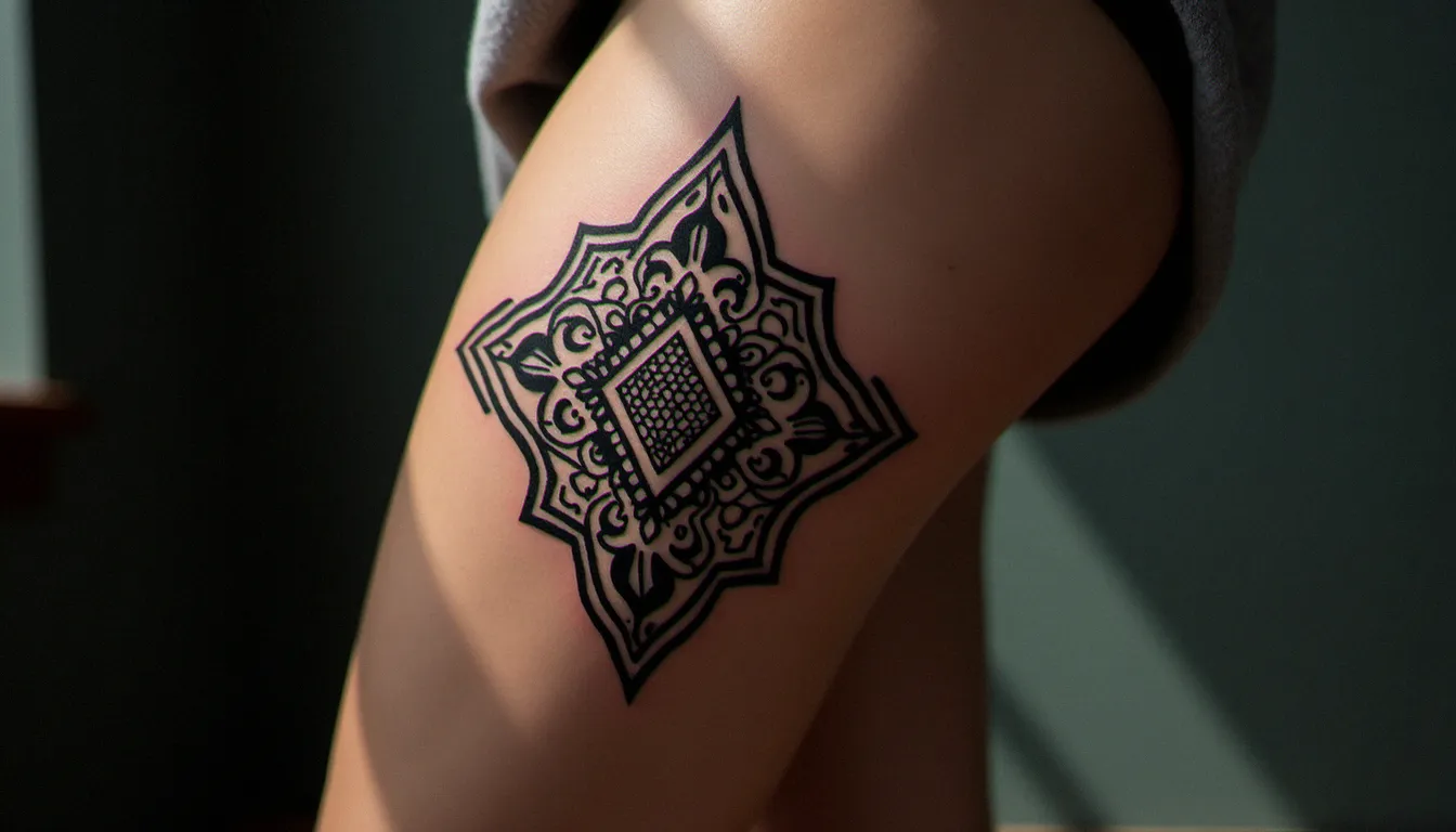 Tatouage tout noir géométrique bien cicatrisé sur cuisse, encre noire dense et motifs précis en pleine lumière naturelle