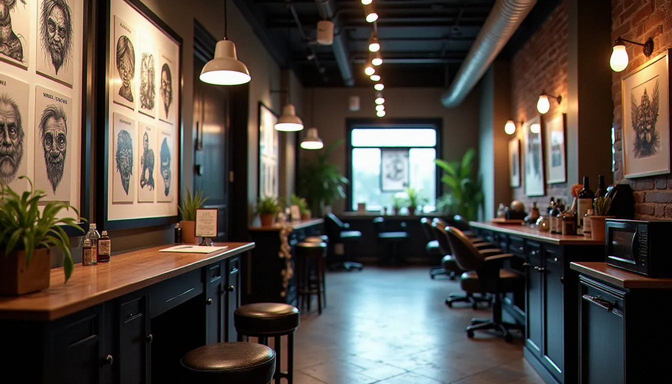 Intérieur d'un studio de tatouage moderne et propre avec des œuvres encadrées au mur et un poste de travail organisé en arrière-plan