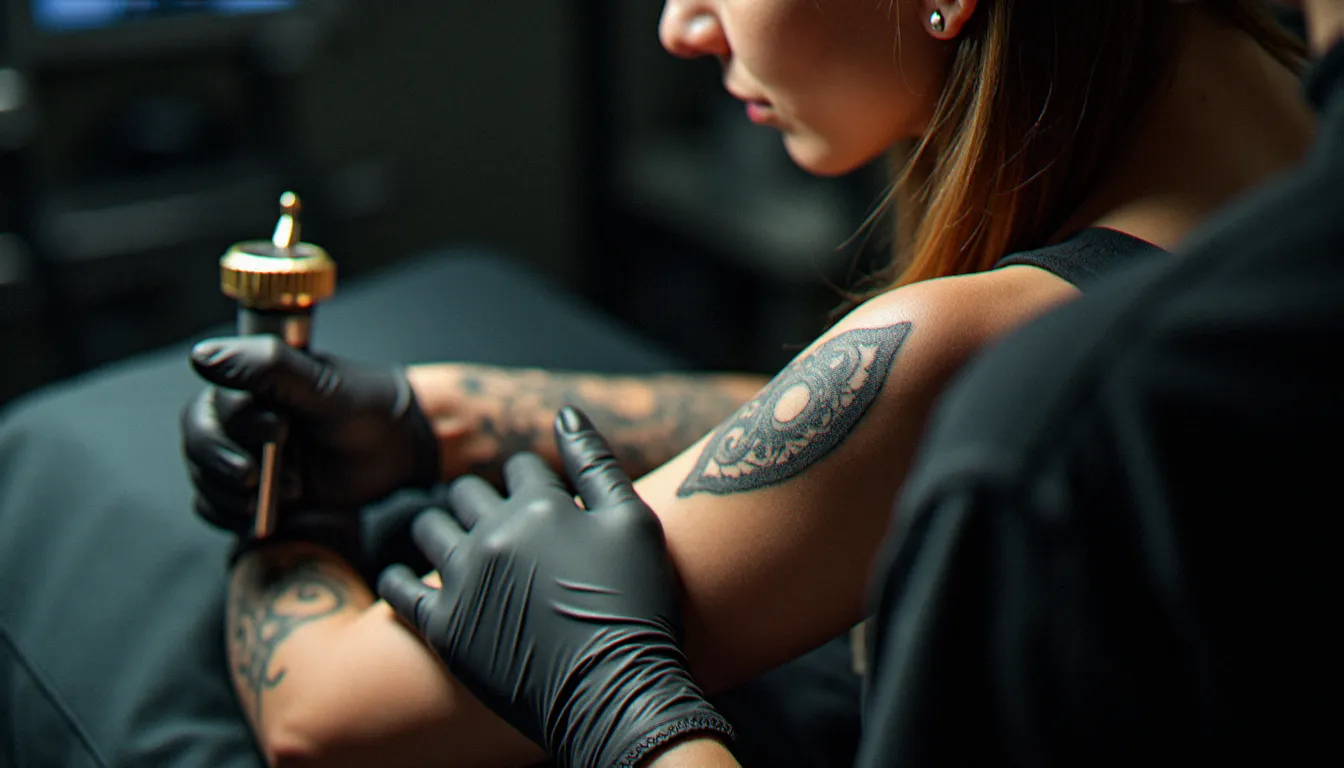 Tatoueuse appliquant un film de protection sur un tatouage géométrique blackwork fraîchement réalisé sur le bras d'une cliente, dans un cadre studio soigné