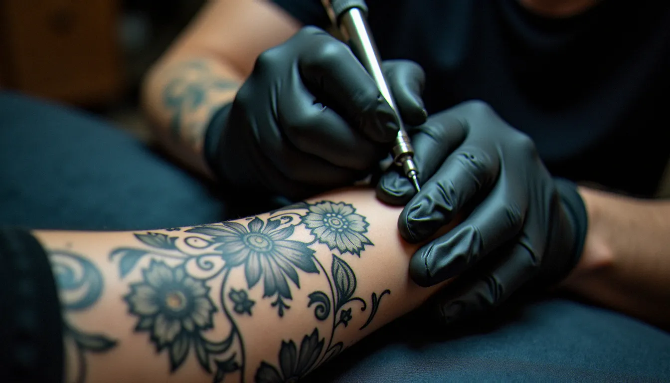 Tatoueur professionnel en train de réaliser un tatouage blackwork sur un avant-bras dans un studio propre et lumineux, illustrant la recherche d'un tatouage autour de moi