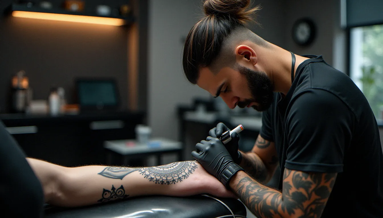 Tatoueuse en train de réaliser un tatouage géométrique blackwork sur l'avant-bras d'un homme dans un studio professionnel éclairé à la lumière naturelle