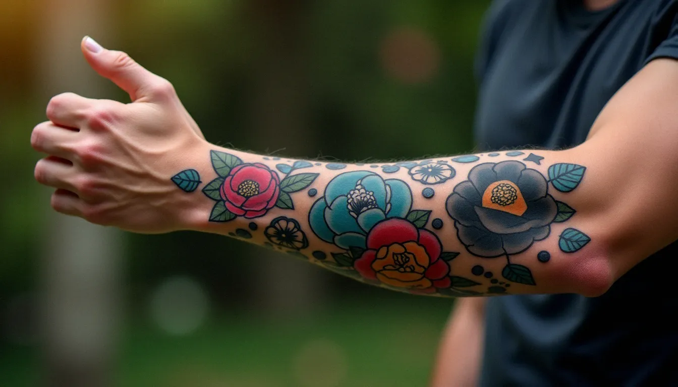 Tatouage avant bras homme de style neo-traditional cicatrisé avec des fleurs et motifs géométriques colorés, photographié en lumière naturelle extérieure