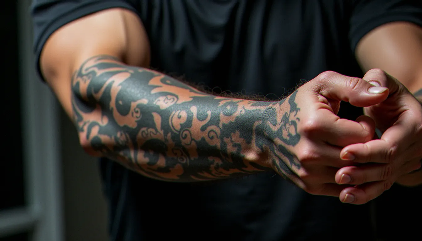 Tatouage avant bras homme de style japonais traditionnel représentant une carpe koï en noir et gris, prise en photo en lumière naturelle