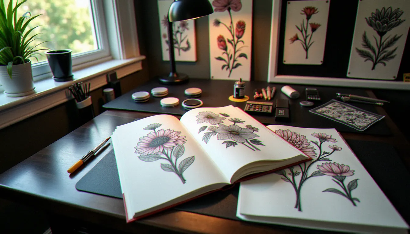 Poste de travail d'un tatoueur avec planches botaniques de référence, machine à tatouer et croquis de fleurs pour un projet de tatouage floral