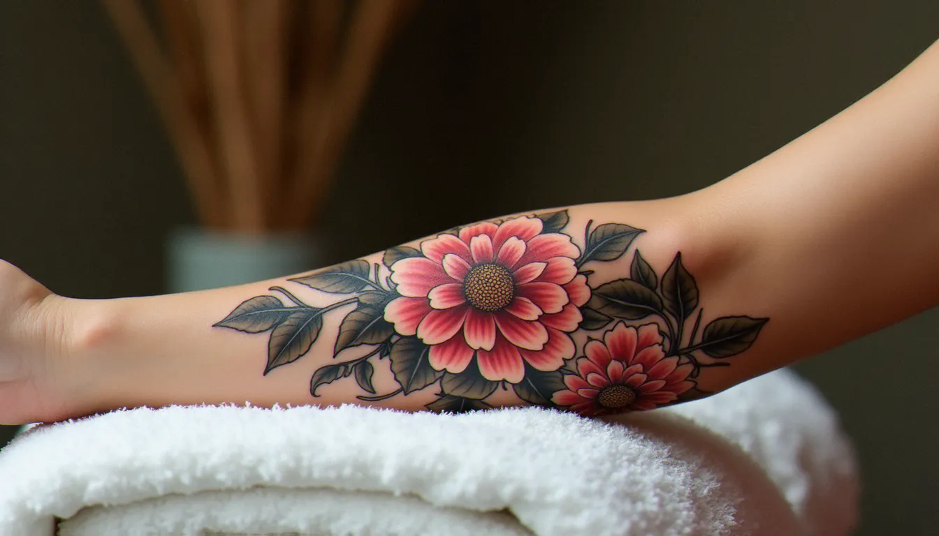 Tatouage avec des fleurs style japonais représentant chrysanthèmes et pivoines sur un sleeve bras cicatrisé, rendu en noir et gris avec ombrages détaillés