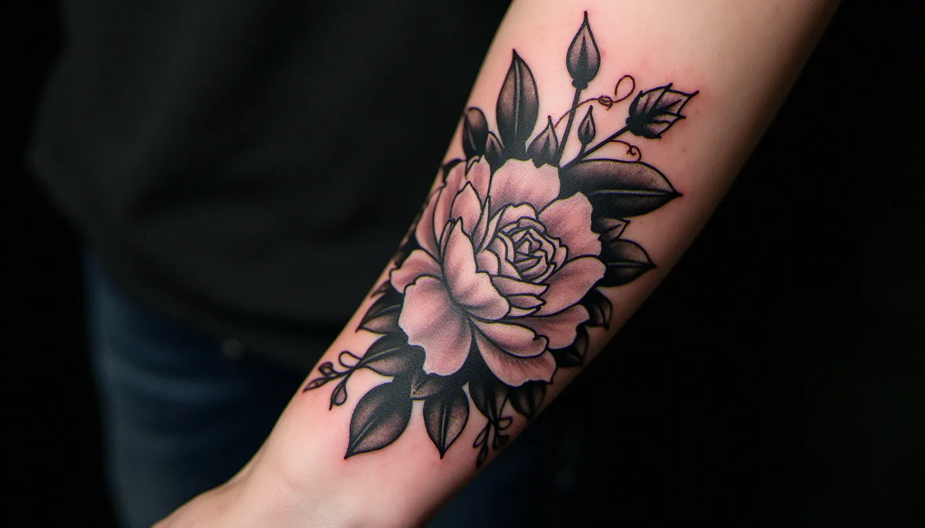 Tatouage avec des fleurs en black and grey représentant une pivoine et une rose sur l'avant-bras, réalisé en studio de tatouage