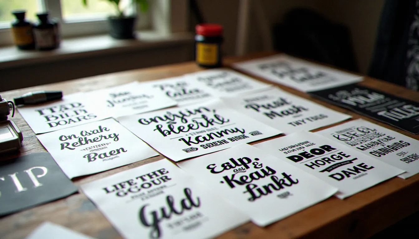 Références de styles typographiques pour tatouage de lettres posées sur un bureau de studio, avec stencil et encres