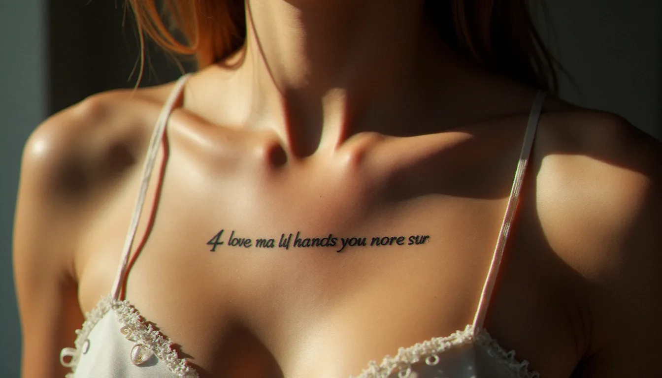 Tatouage avec des lettres en police serif minimaliste sur la clavicule d'une femme, rendu élégant et discret