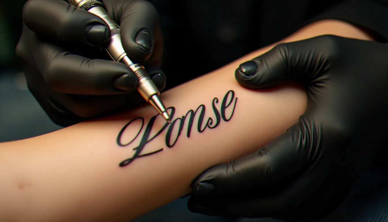 Tatouage avec des lettres en cursive sur l'avant-bras d'une femme, réalisé par une tatoueuse en studio