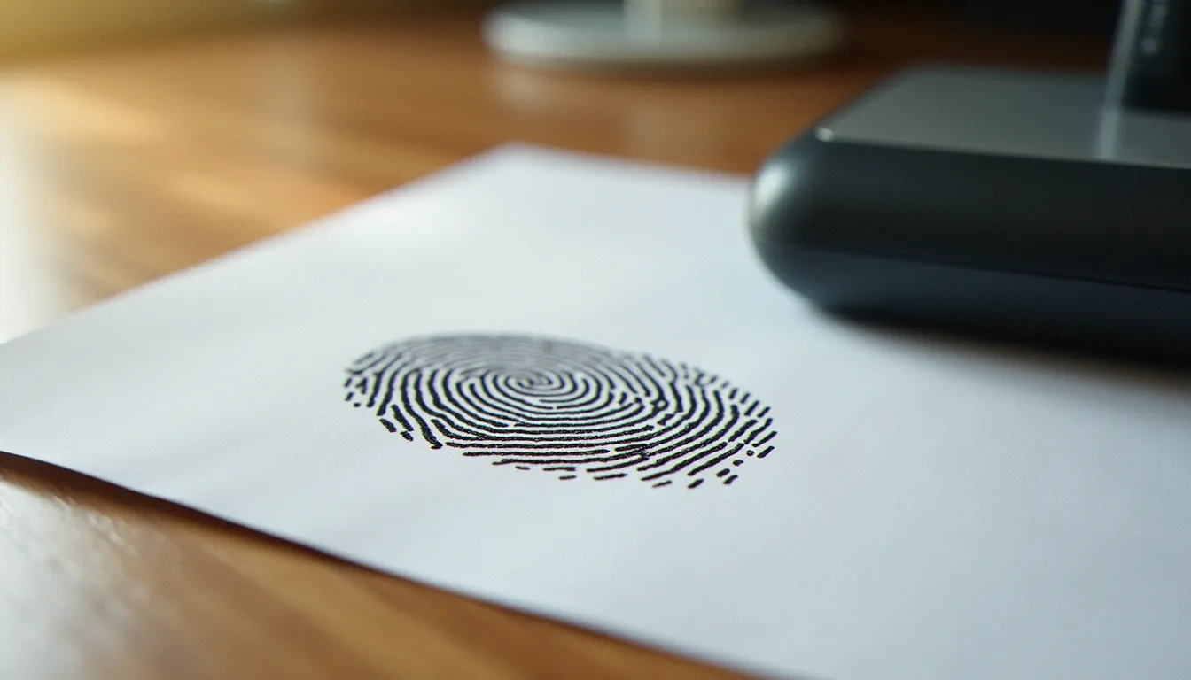 Empreinte digitale tamponnée à l'encre sur papier blanc, prête à être numérisée pour un tatouage souvenir