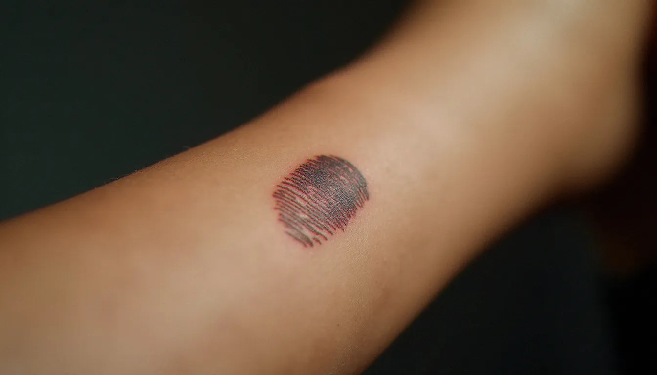 Tatouage cicatrisé avec empreinte digitale en fine line sur l'avant-bras intérieur d'une femme, rendu final visible avec détail des crêtes papillaires