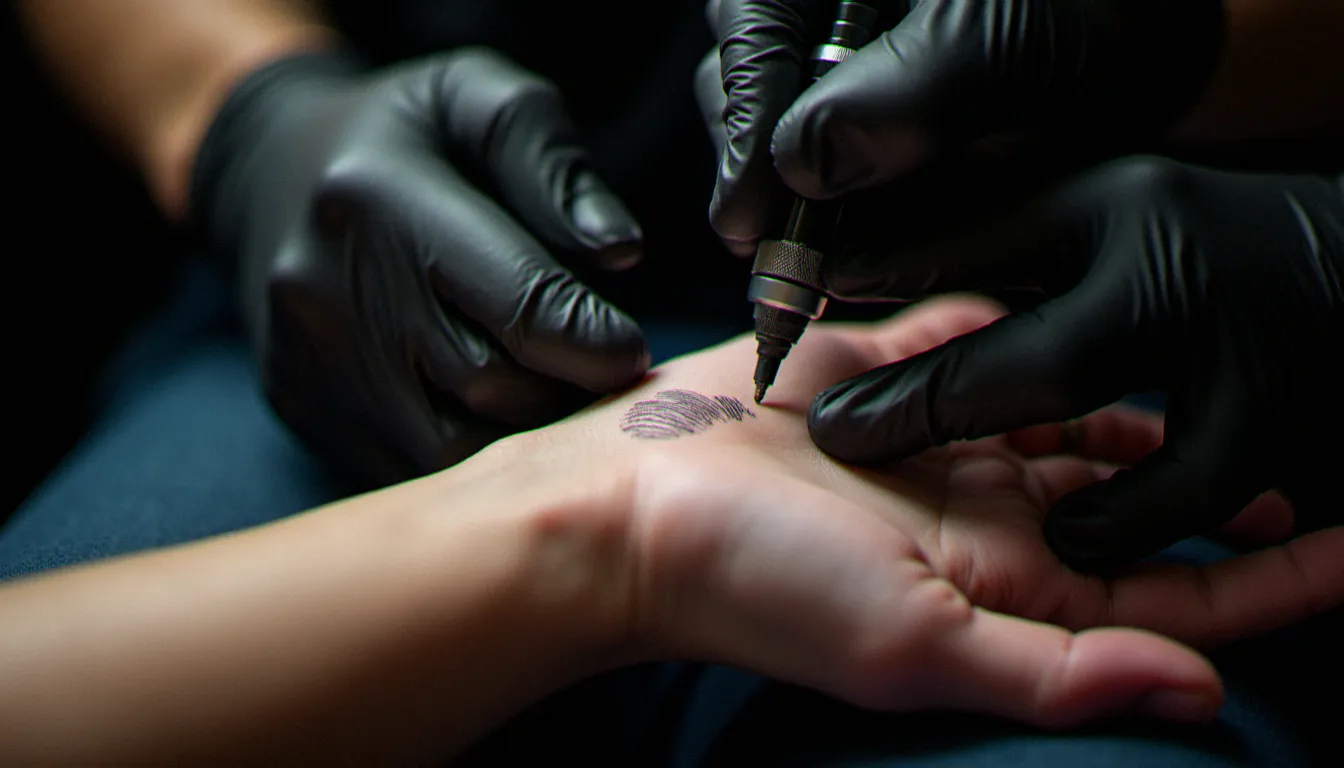 Tatoueur réalisant un tatouage avec empreinte digitale au trait fin sur le poignet intérieur d'un client en studio