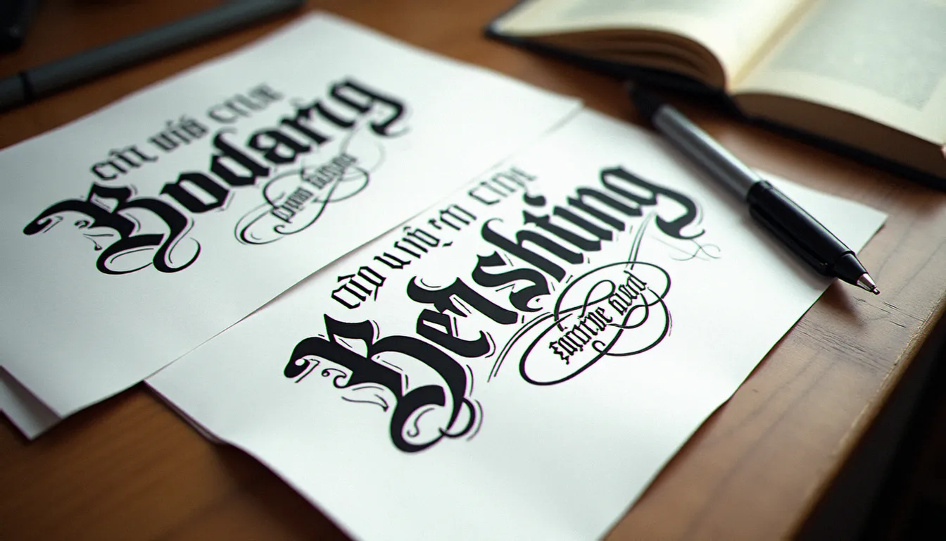 Références de styles typographiques pour tatouage d'initiales, du gothique au script calligraphique, posées sur une table en bois dans un studio de tatouage