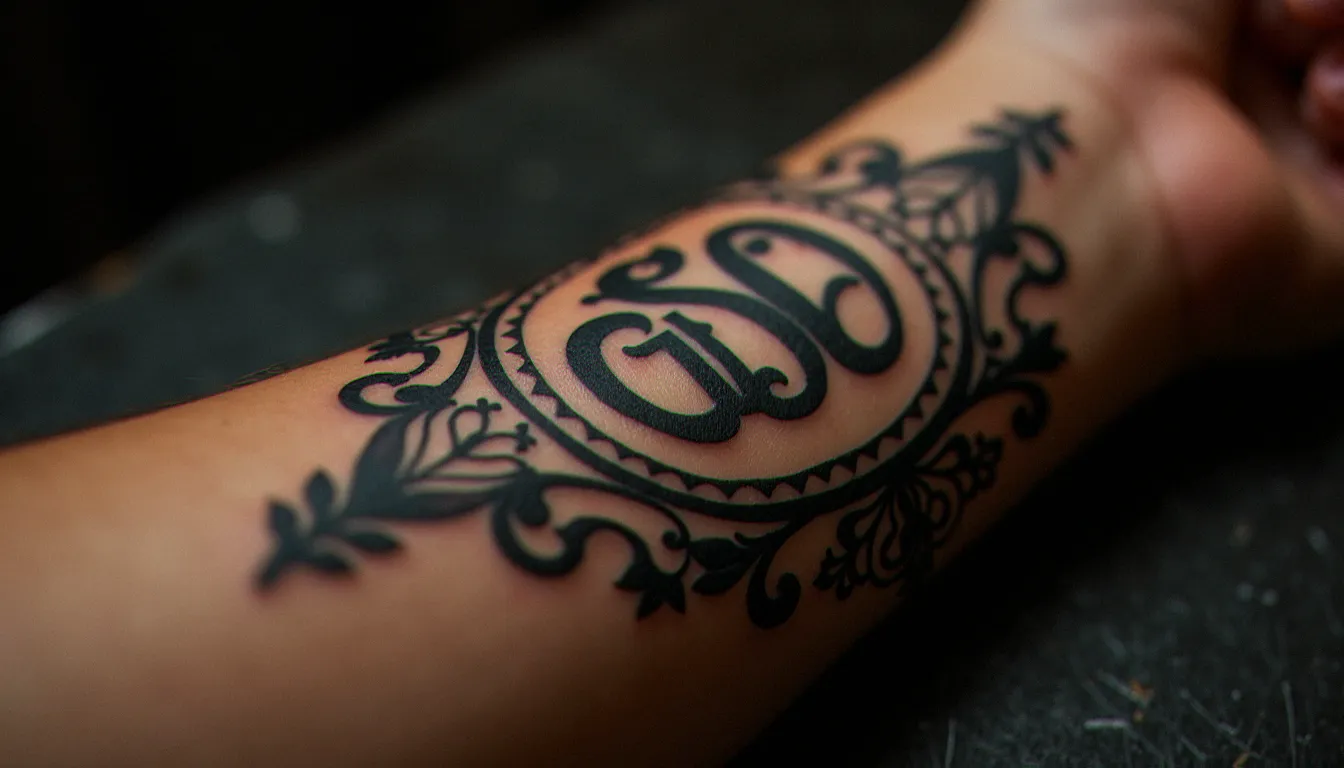 Monogramme tatoué sur avant-bras représentant deux initiales entrelacées ornées de motifs floraux dans un cadre cartouche, encre noire et grise, tatouage cicatrisé