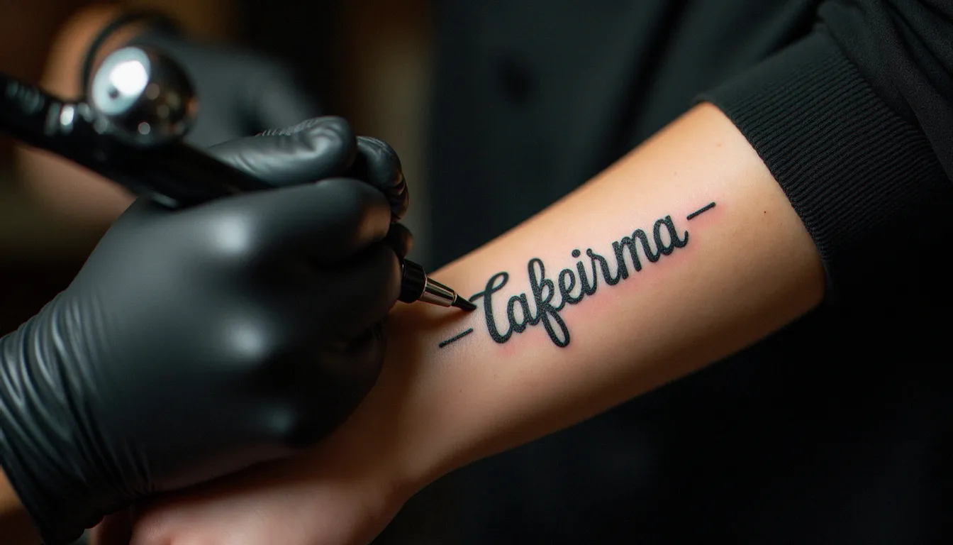 Tatouage avec initiale famille en lettering calligraphique réalisé sur le poignet intérieur d'une femme dans un studio professionnel