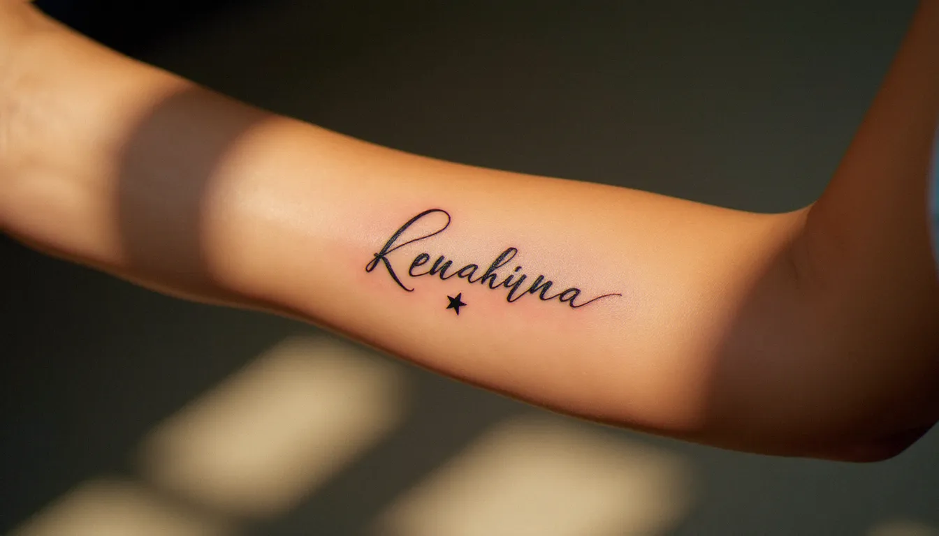 Tatouage prénom enfant cicatrisé en fine line sur l'avant-bras, accompagné d'une petite étoile minimaliste en trait fin, lumière naturelle