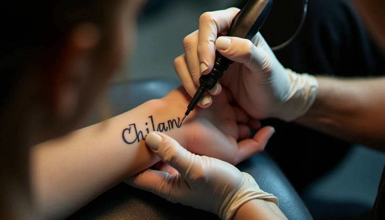 Tatouage avec prénom enfant en fine line calligraphiée sur le poignet intérieur d'une femme, réalisé par une tatoueuse professionnelle en studio