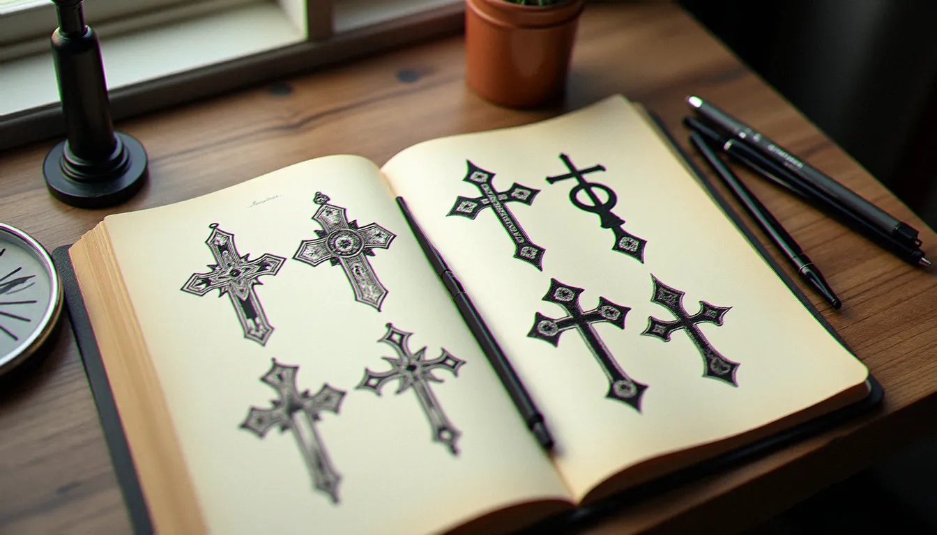 Planches de flash tattoo présentant différents styles de croix tatouées, encre noire sur papier crème posé sur un bureau en bois
