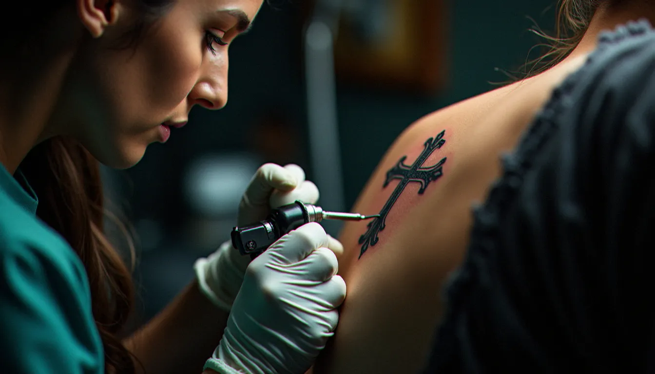 Tatoueuse en train de réaliser un tatouage avec une croix ornementale sur l'omoplate d'une cliente dans un studio de tatouage