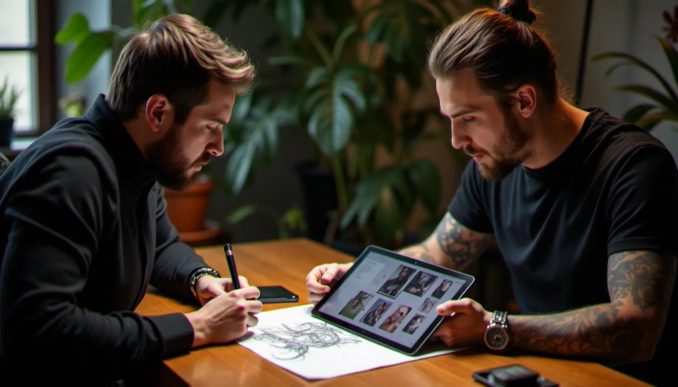 Consultation entre un tatoueur et son client autour d'un croquis de projet de tatouage, dans un espace de studio chaleureux