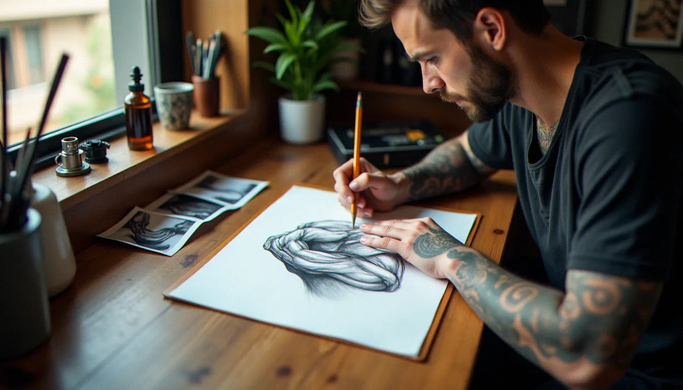 Tatoueuse dessinant un projet biomécanique sur papier en studio, avec des références anatomiques d'avant-bras posées sur le bureau