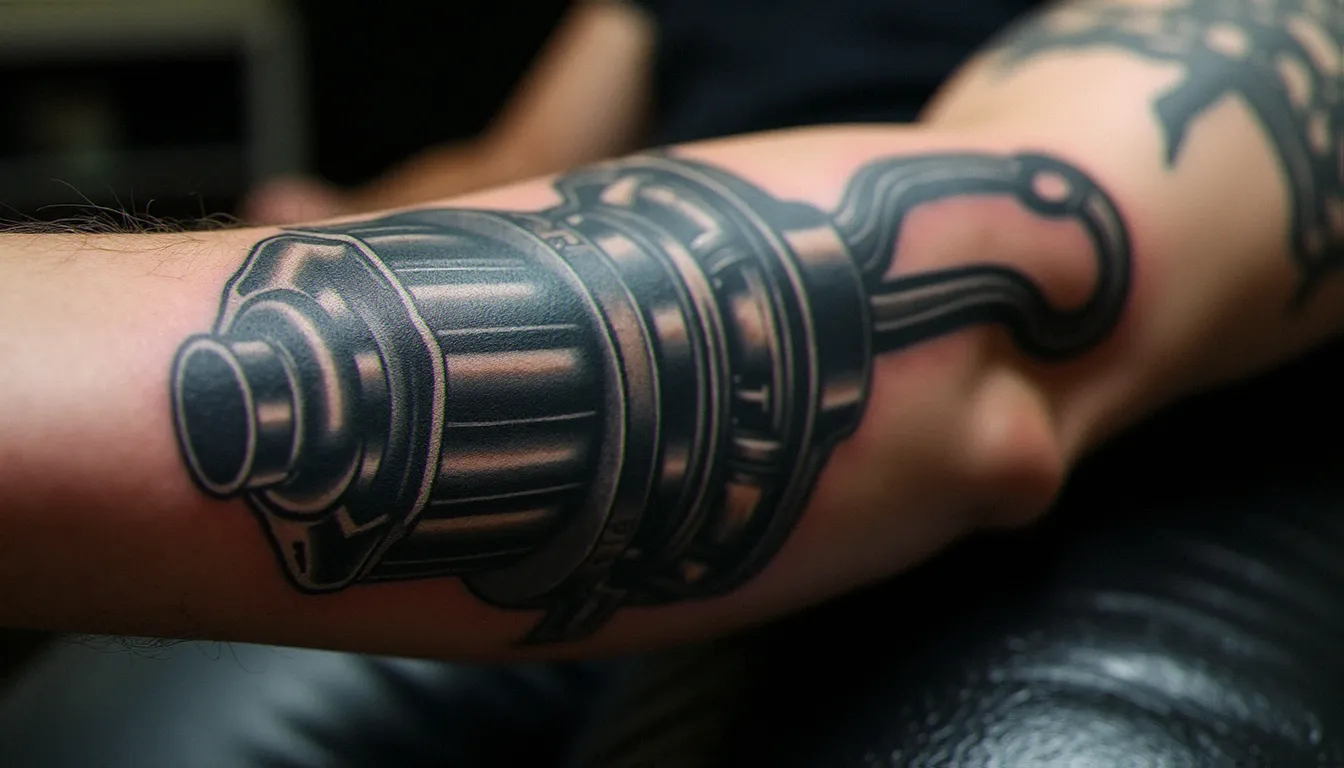Tatouage biomécanique réaliste sur avant-bras cicatrisé, détail des pistons et tendons métalliques en noir et gris sous lumière naturelle