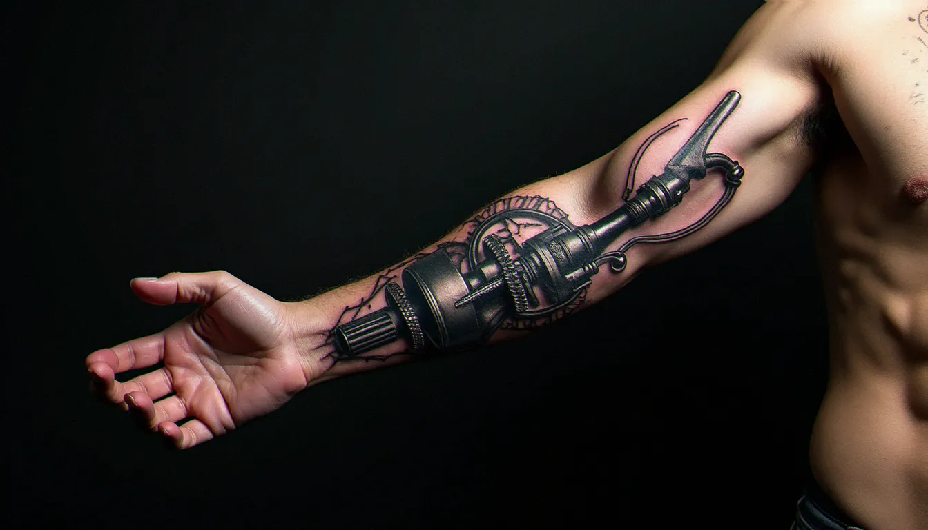 Tatouage biomécanique avant bras en noir et gris représentant pistons et câbles métalliques sous une peau déchirée en trompe-l'œil