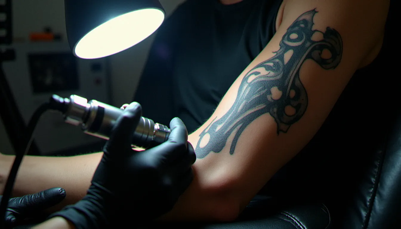Tatoueur en train de réaliser le tracé d'un tatouage biomécanique sur le biceps d'un homme en studio