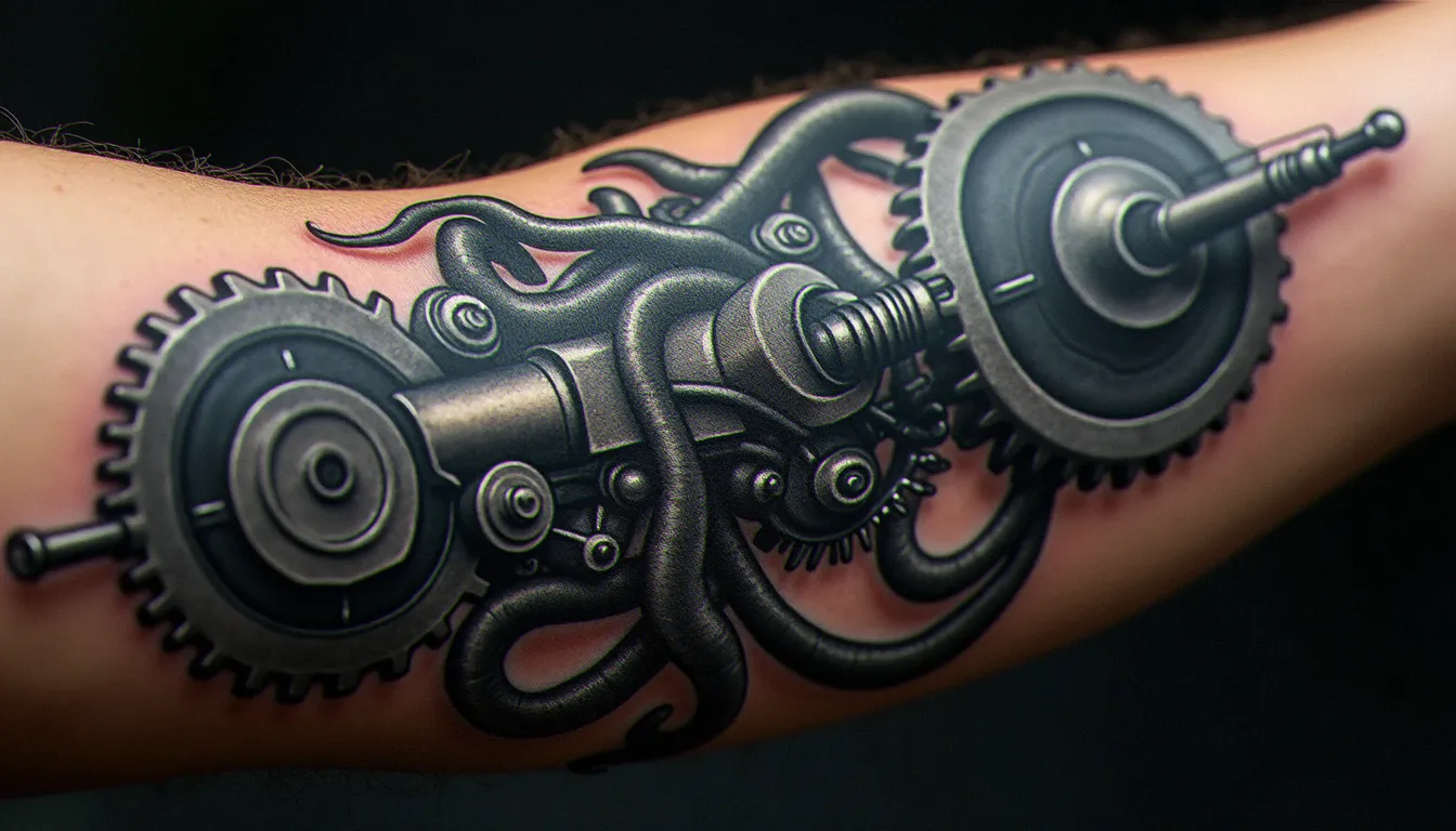 Tatouage biomécanique cicatrisé sur avant-bras homme montrant l'effet trompe-l'œil de peau ouverte sur des engrenages chromés