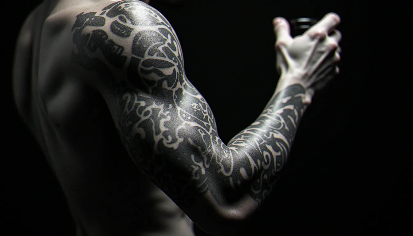 Tatouage biomécanique bras homme en noir et gris représentant engrenages et pistons intégrés à la chair, sleeve complet sur avant-bras