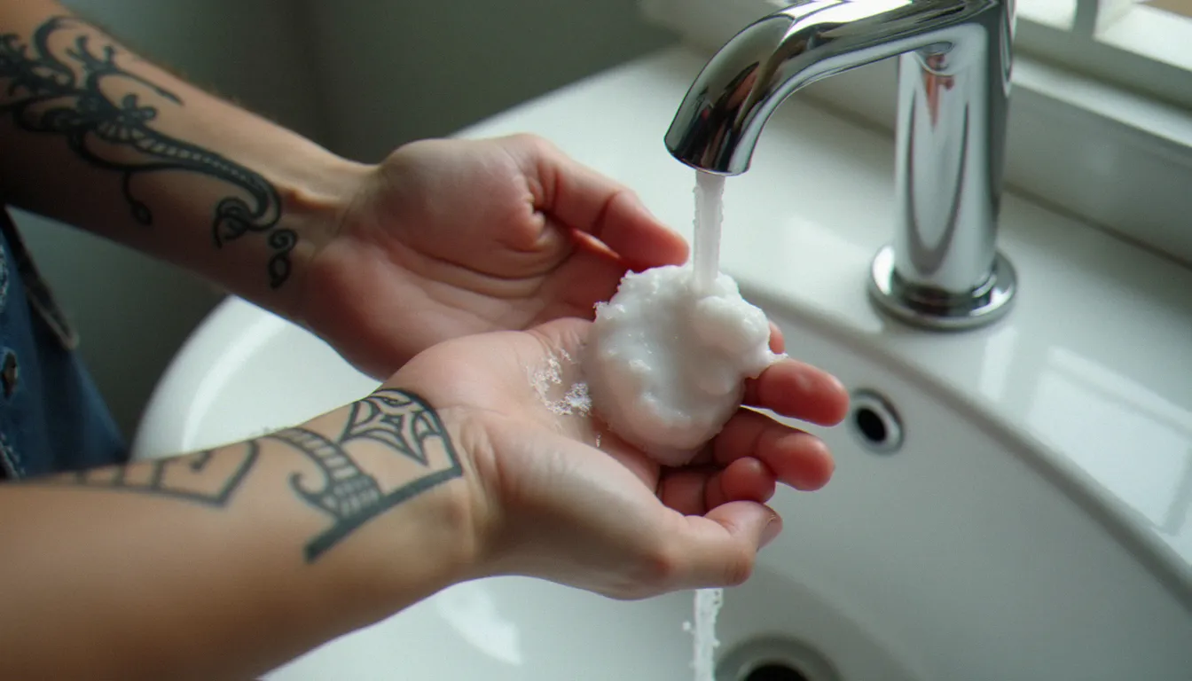 Nettoyage doux d'un tatouage géométrique sous l'eau tiède avec savon sans parfum, étape essentielle du soin cicatrisation