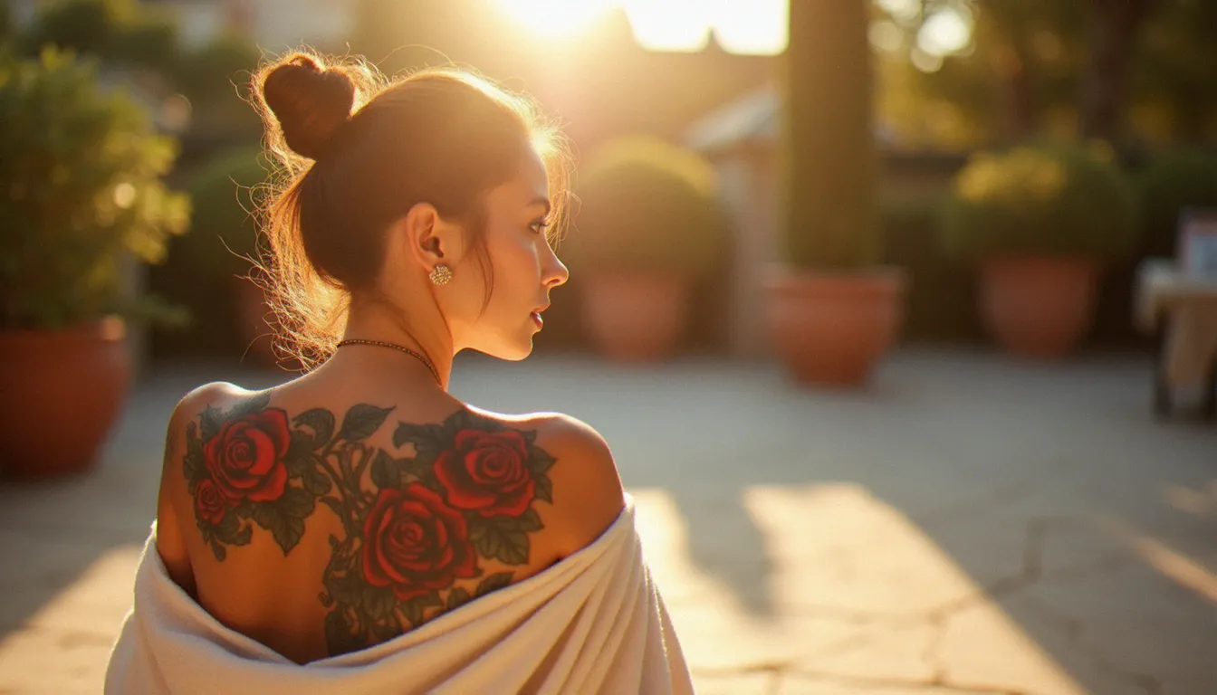 Tatouage néo-traditionnel sur épaule protégé du soleil par un vêtement en coton, démontrant l'importance de la protection UV pendant la cicatrisation