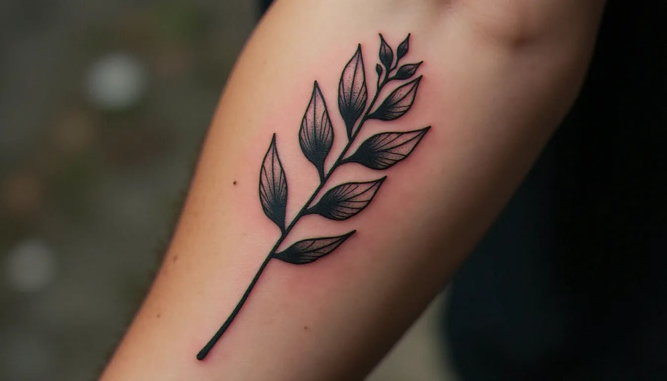 Peau cicatrisée après tatouage avec illustration botanique en fine line noire, texture naturelle de la peau visible en gros plan