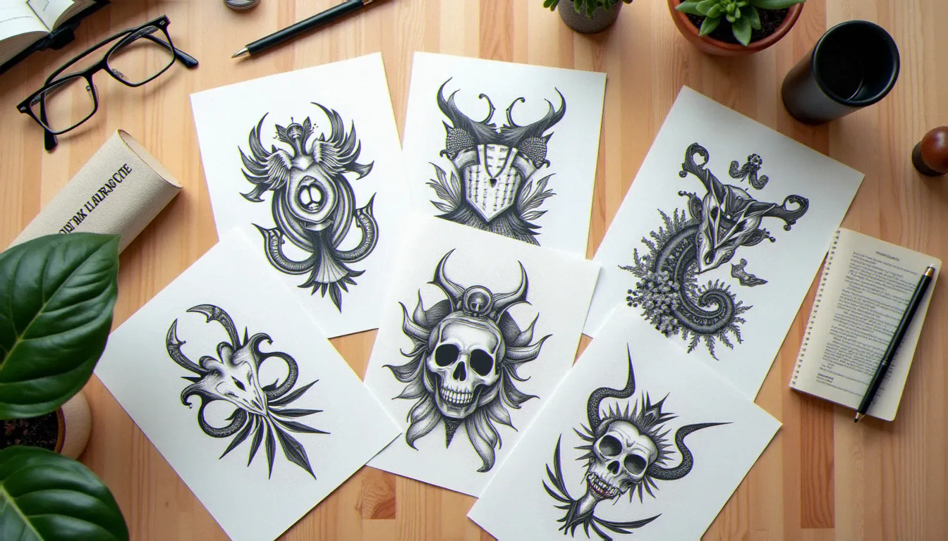 Planches de référence de différents styles de tatouage disposées sur une table pour aider au choix du style