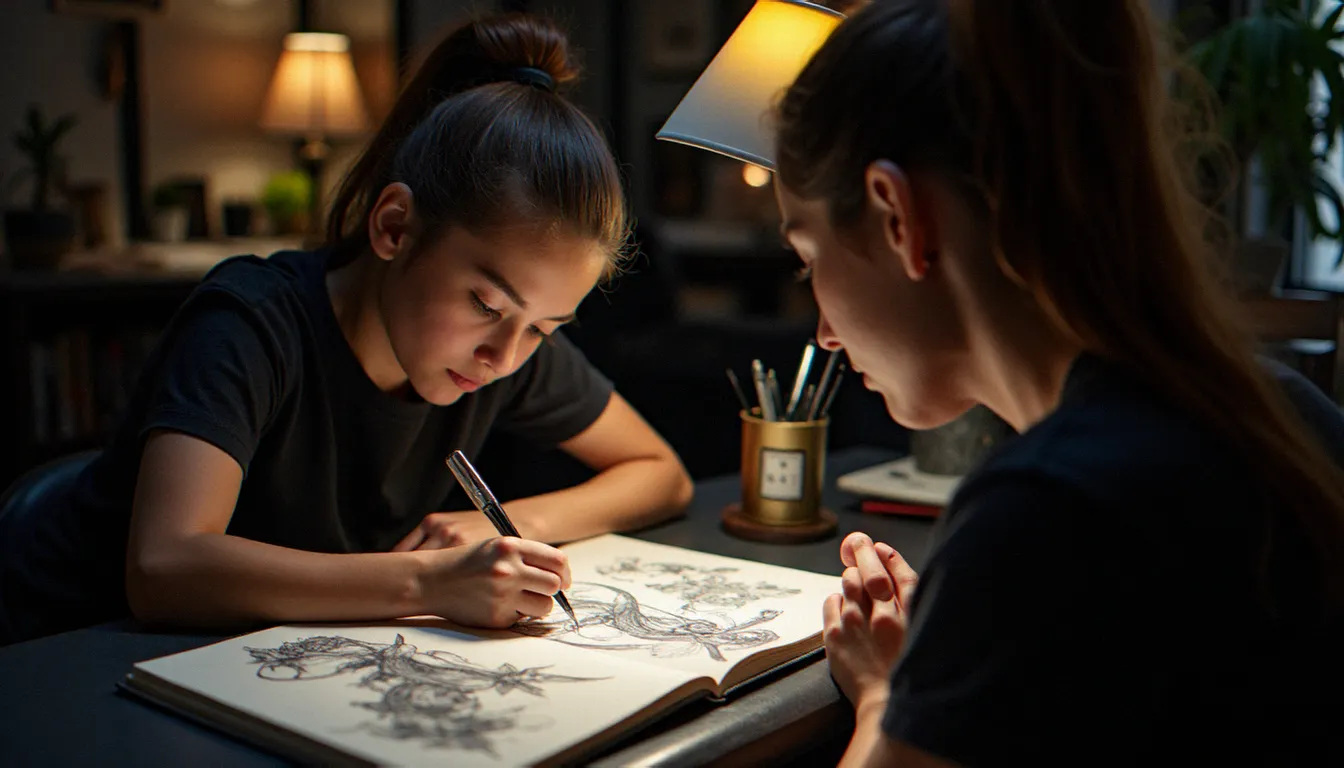 Consultation entre tatoueuse et cliente dans un studio, examinant ensemble un design personnalisé avant de choisir le tatouage définitif