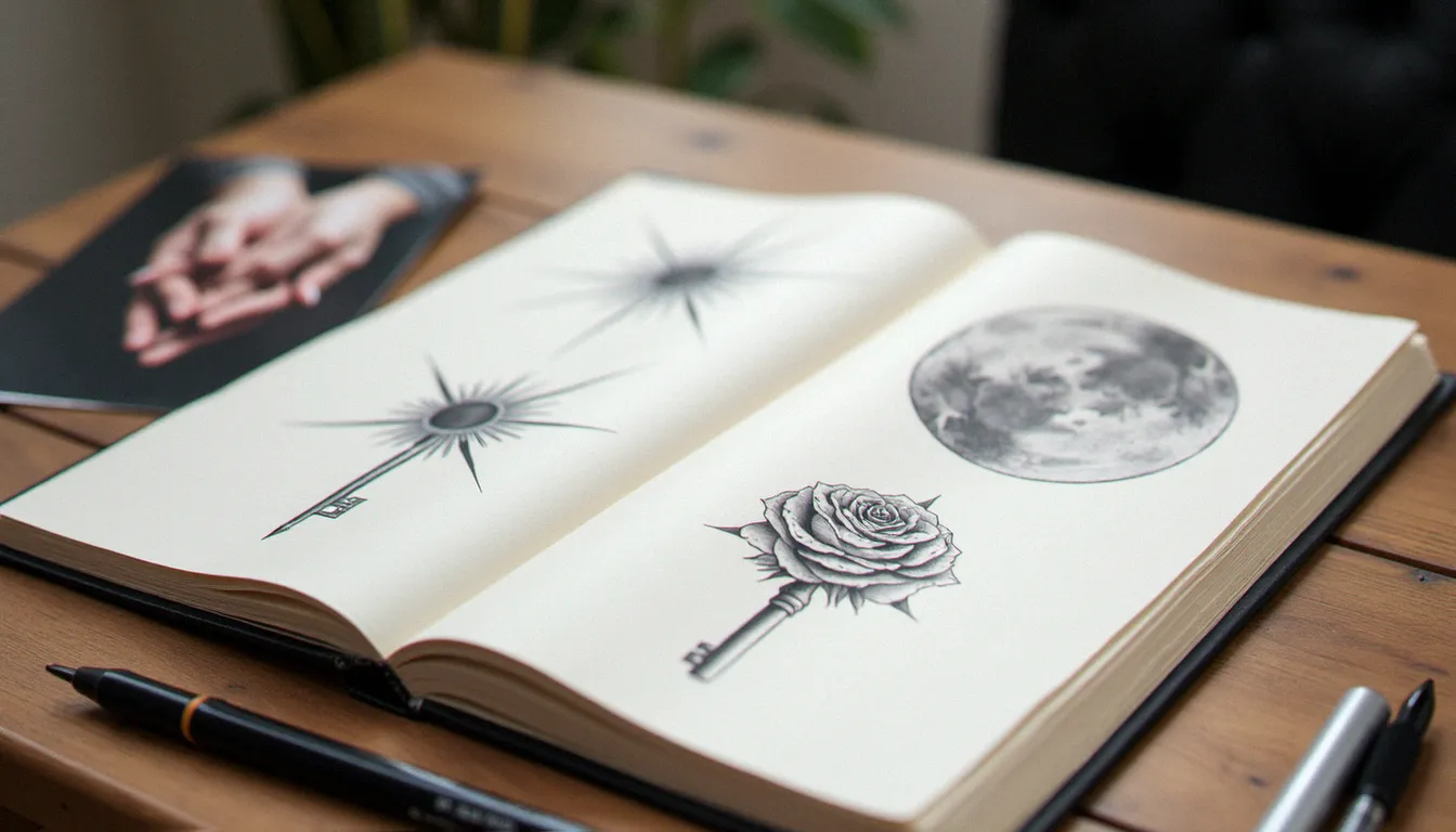Carnet de croquis avec motifs de tatouages complémentaires pour duo mère fille, dessins au crayon soleil et lune, rose, clé et serrure