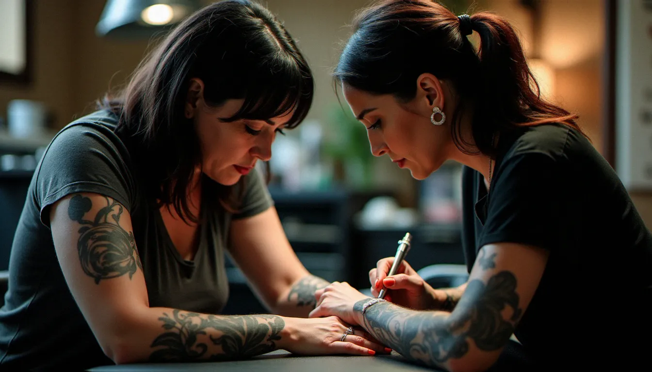 Tatoueuse appliquant un gabarit sur le poignet d'une femme avant une séance de tatouage mère fille dans un studio professionnel