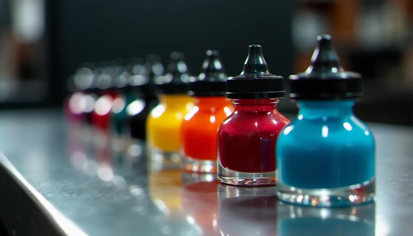 Flacons d'encres de tatouage colorées alignés sur un plan de travail en inox, illustrant les différentes compositions de pigments et leur conformité aux normes REACH