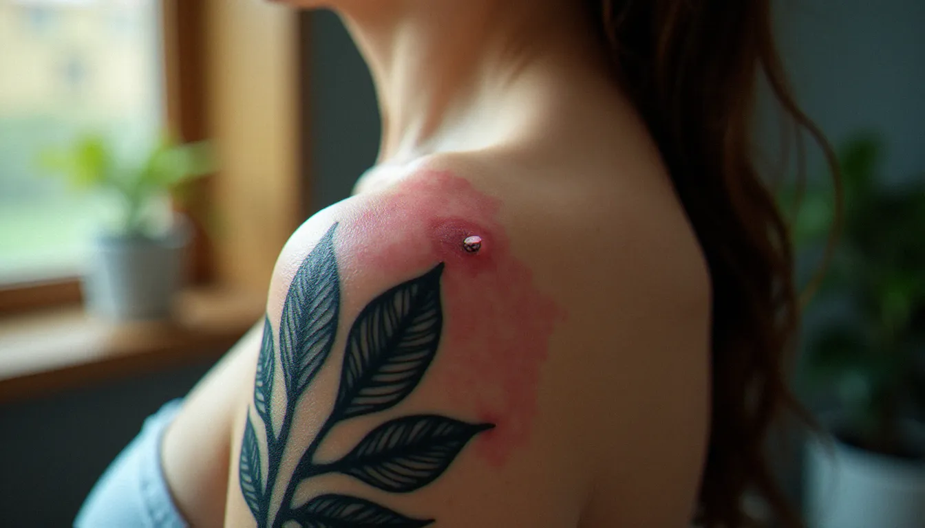 Gros plan sur un tatouage en cours de cicatrisation sur peau claire, montrant le processus naturel de régénération cutanée après une séance de tatouage