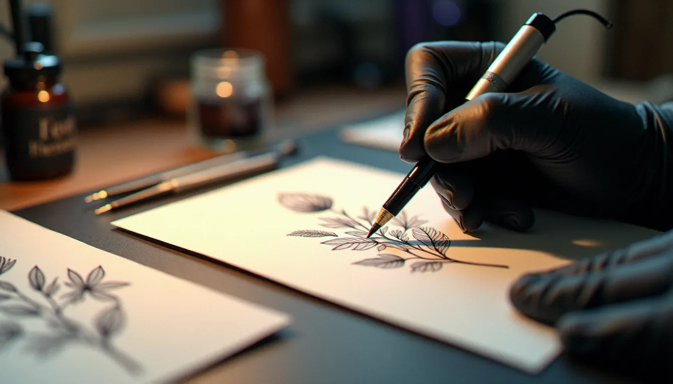 Tatoueuse en train de dessiner un motif floral en fine line pour un projet de tatouage meilleur amis, croquis préparatoires visibles sur le bureau du studio