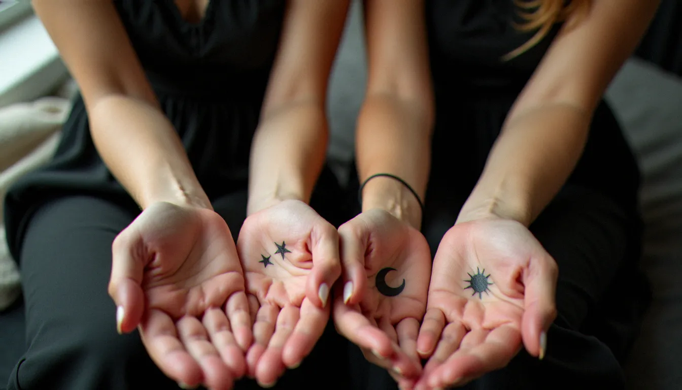 Deux amies montrant leurs tatouages meilleur amis assortis, une lune et un soleil en encre noire sur le poignet intérieur, dans un studio de tatouage