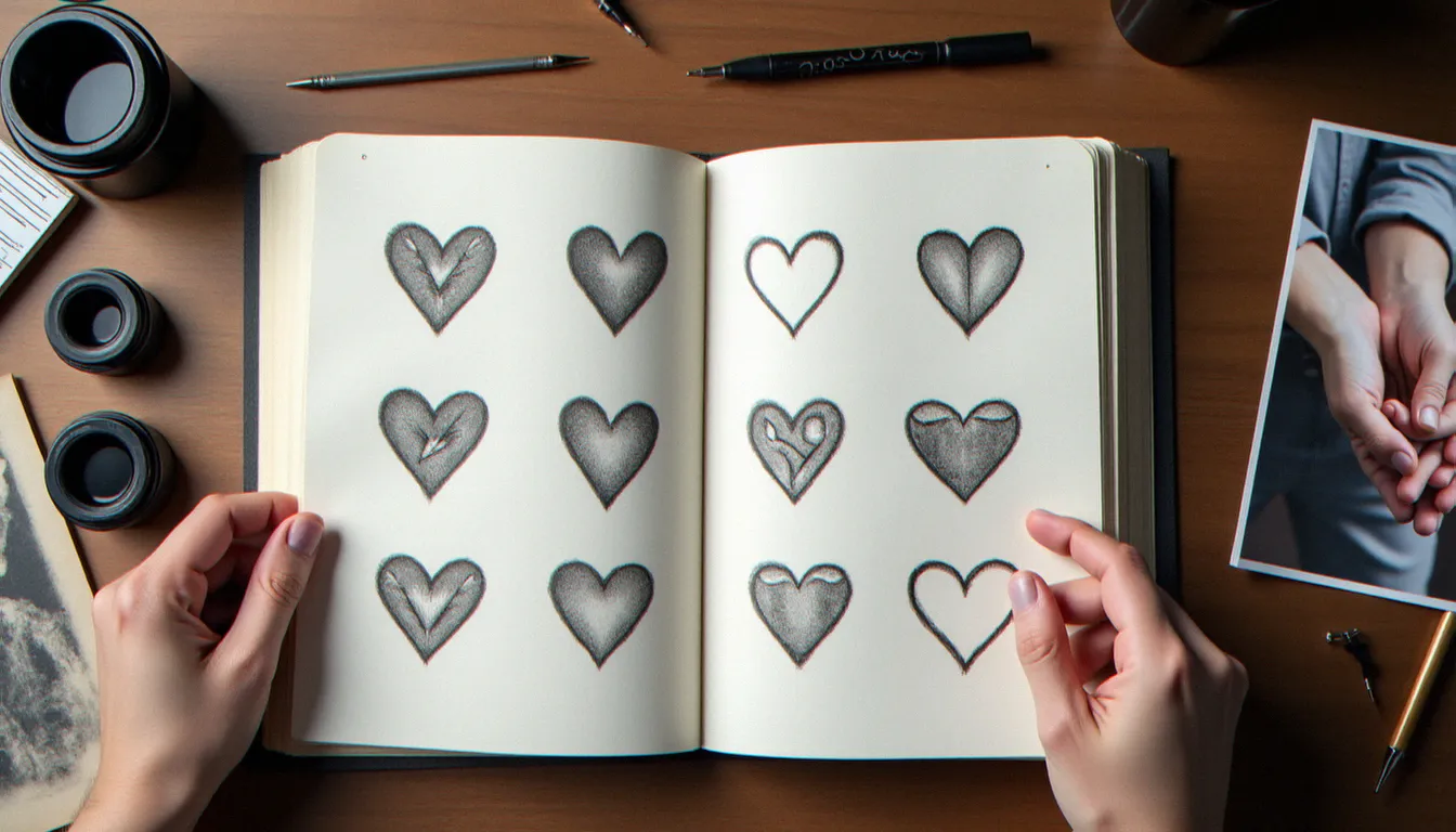 Carnet de croquis d'une tatoueuse avec plusieurs variations de designs de coeur pour un tatouage meilleure amie, posé sur un bureau en bois avec du matériel de tatouage