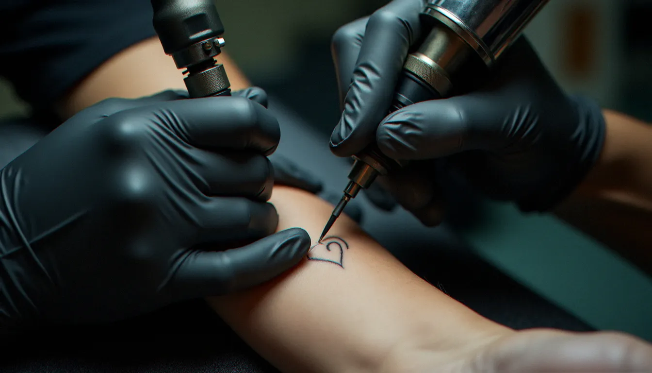 Tatoueuse en train de réaliser un petit tatouage coeur sur l'avant-bras d'une cliente dans un studio de tatouage professionnel