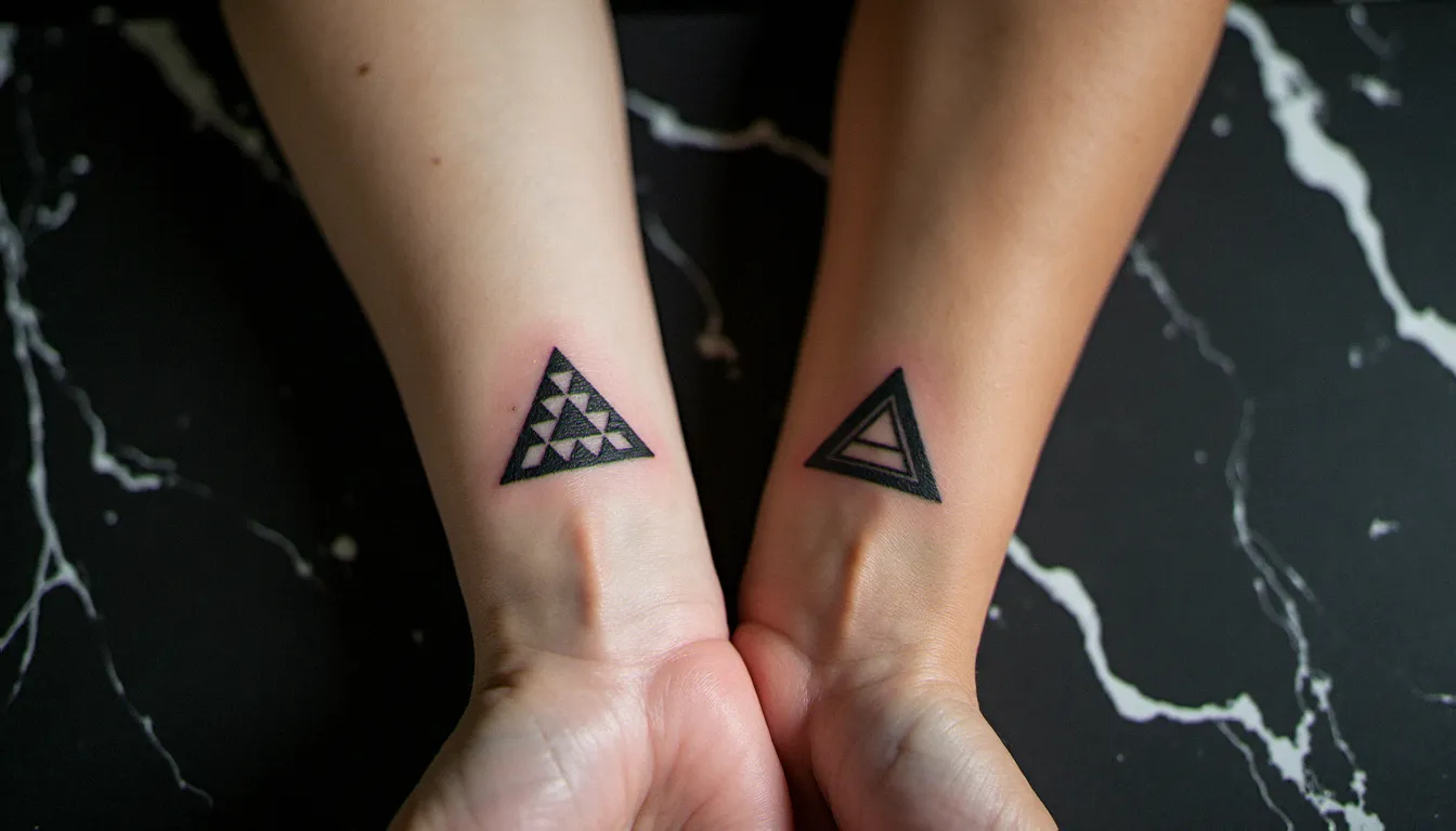 Gros plan de deux poignets côte à côte avec des tatouages géométriques complémentaires en blackwork, style discret et minimaliste