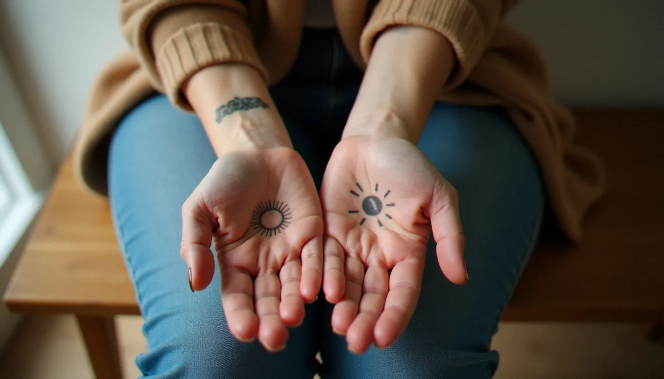 Deux jeunes femmes montrant leurs tatouages meilleure amie discrets sur le poignet, motifs lune et soleil en fine line