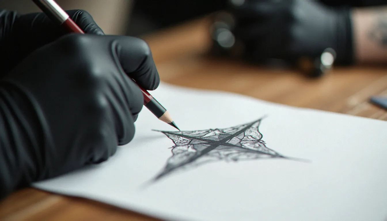 Tatoueur dessinant un motif fractionné géométrique en deux parties complémentaires pour un duo meilleure amie homme femme