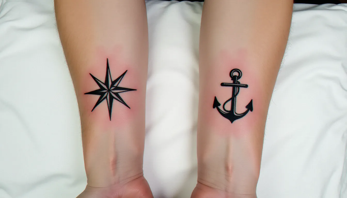 Avant-bras masculin et féminin côte à côte avec des tatouages blackwork complémentaires boussole et ancre, exemple de tatouage meilleure amie homme femme