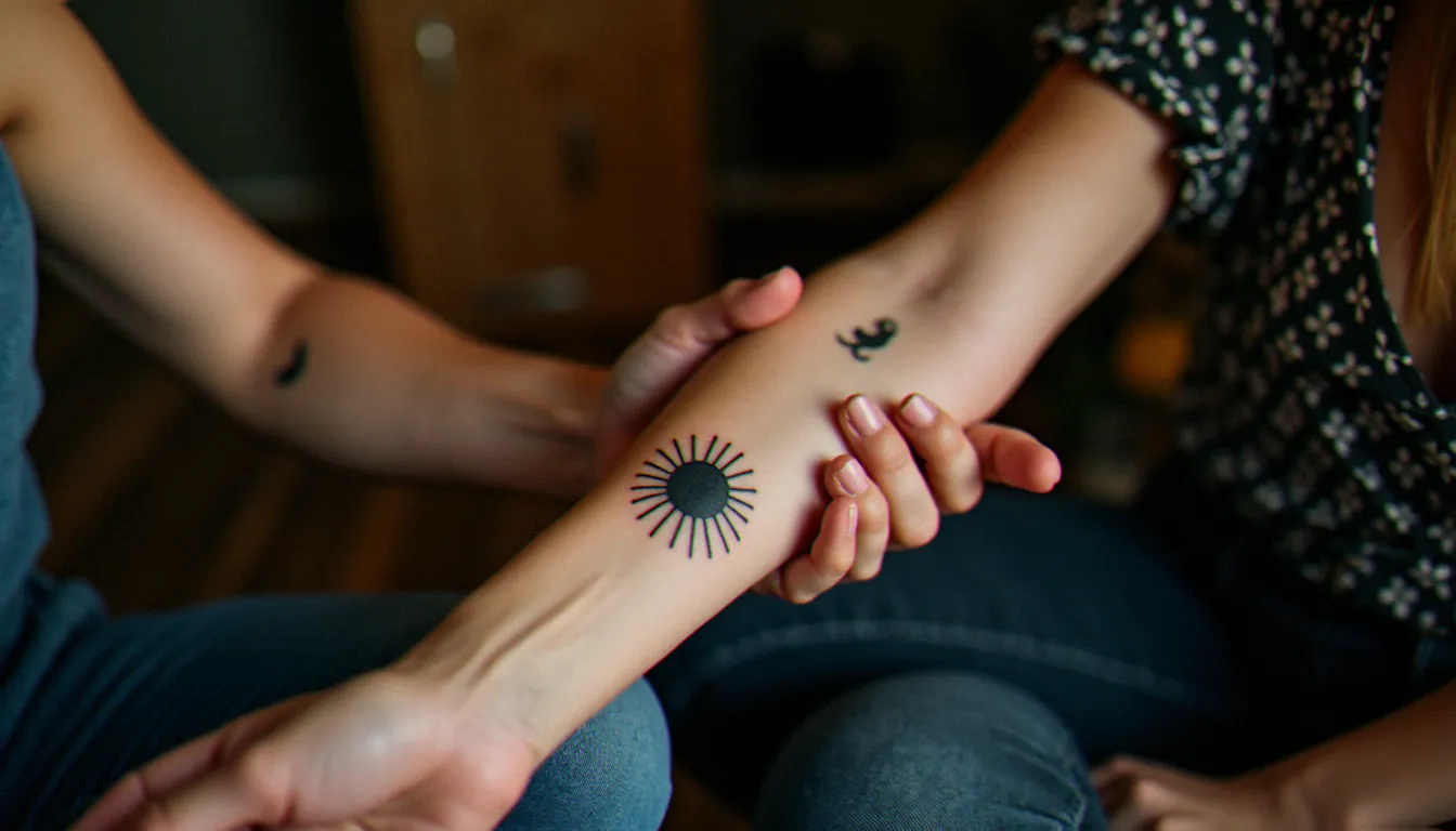 Un homme et une femme montrant leurs tatouages meilleure amie complémentaires — soleil et lune — en studio de tatouage